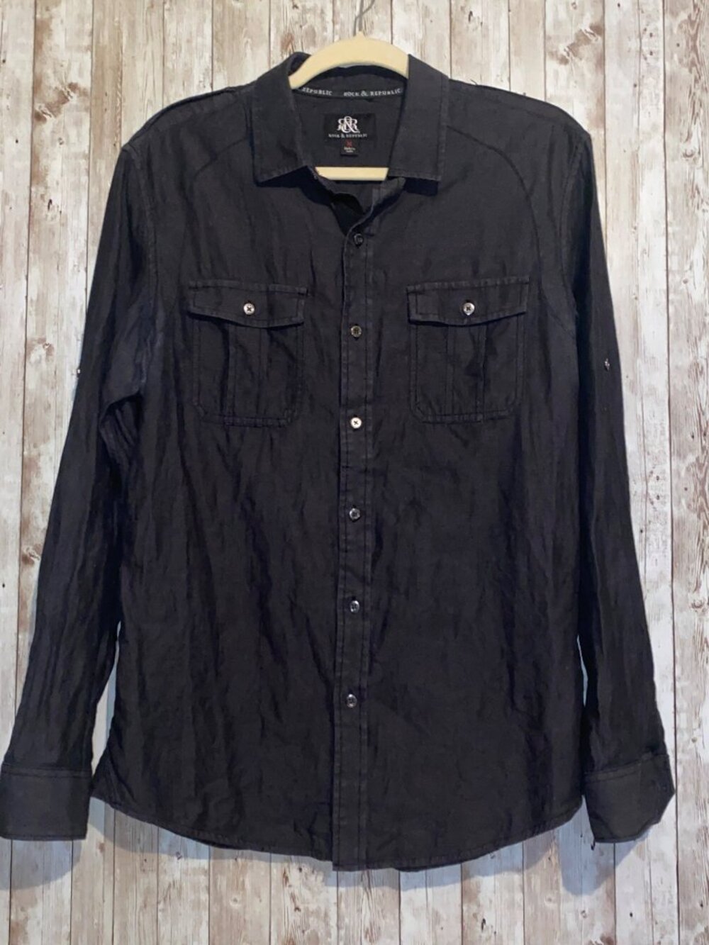 Men's Rock & Republic Button Up Black Long Sleeve Dress Shirt Size Medium